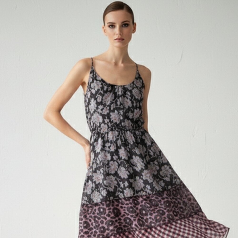 Cnc 100% Silk Italian Designer Costume National Black And Pink Multi Print Dress